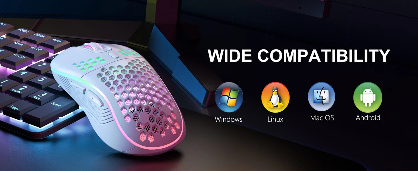 2.4G Wireless Mouse with RGB Backlit 6-button 3-speed DPI Type C Rechargeable Ergonomic Honeycomb Design Gaming Mous