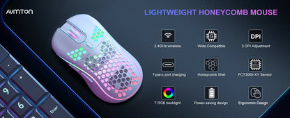 2.4G Wireless Mouse with RGB Backlit 6-button 3-speed DPI Type C Rechargeable Ergonomic Honeycomb Design Gaming Mous