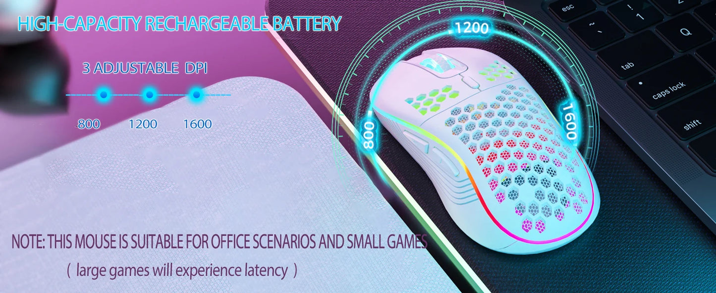 2.4G Wireless Mouse with RGB Backlit 6-button 3-speed DPI Type C Rechargeable Ergonomic Honeycomb Design Gaming Mous