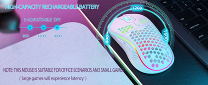 2.4G Wireless Mouse with RGB Backlit 6-button 3-speed DPI Type C Rechargeable Ergonomic Honeycomb Design Gaming Mous